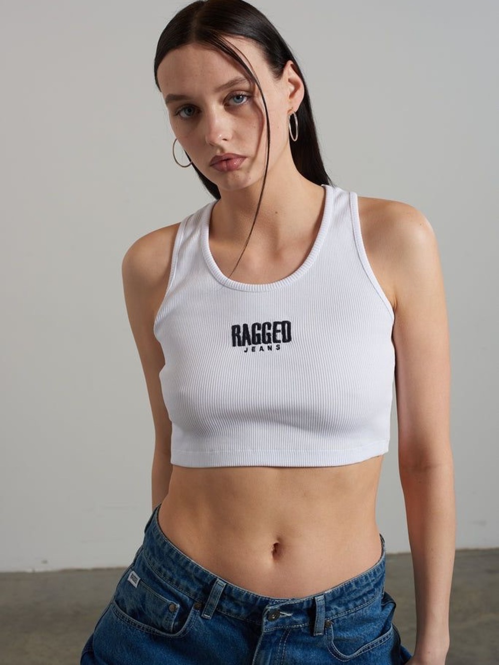 Ragged priest white ribbed embroidered logo crop tank top